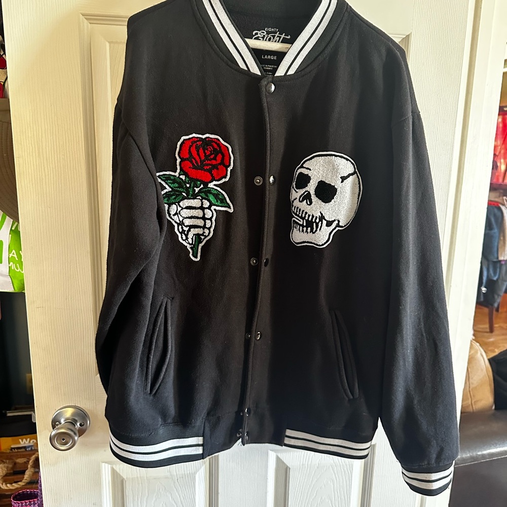 Eighty Eight black men’s Varsity jacket with skull and rose